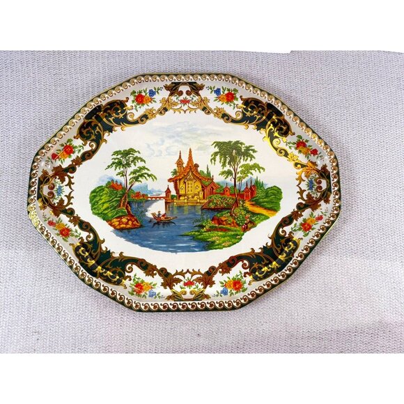 Daher Other - Vintage 17" Daher Decorated Ware England Asian Pagoda River Scene Tray